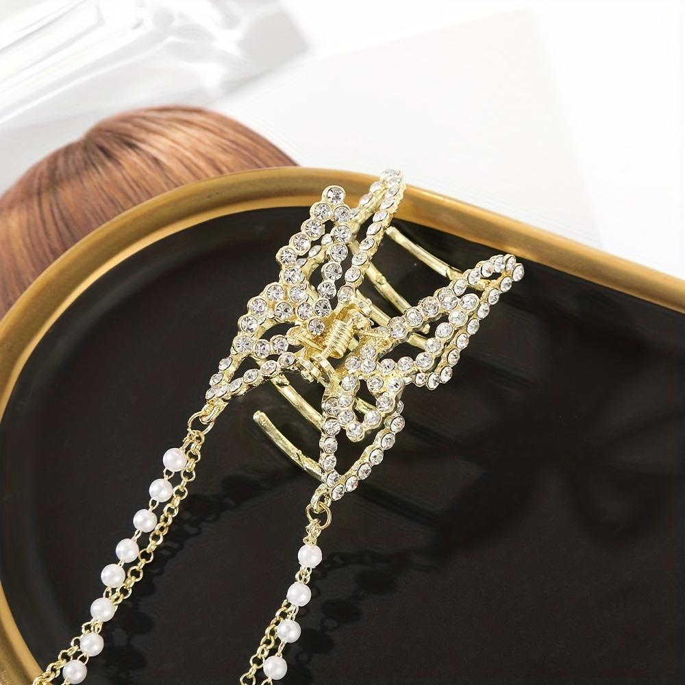 5.5cm Rhinestone Hollow Butterfly Pearl Tassel Hair Grab
