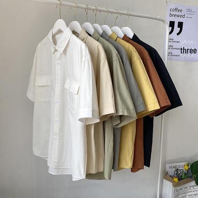 Men's Loose-Fit Japanese Workwear Solid Short-Sleeve Summer Shirt In Hong Kong Style
