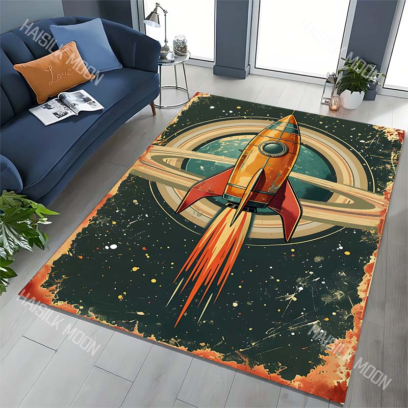 Retro Iron Spaceship Carpet for Living Room Bedroom Bedside Floor Mat Sofa Table Area Rugs Home Decor Large Size Machine Wash