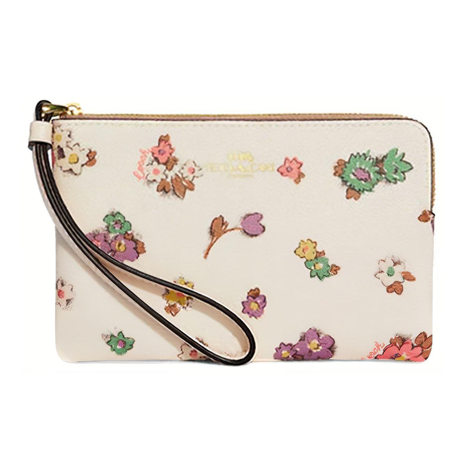 Coach Corner Zip 16 Floral Print Zip Pouch Women pouch White CA735-IMCAH Basic Set (Bag+Dust Bag)