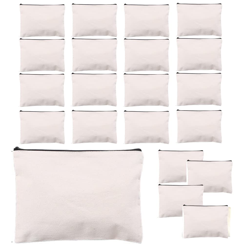 ANAMO Plain Canvas Set of Beige Multi-Case Pouches, 20, (Black Zipper, Large)