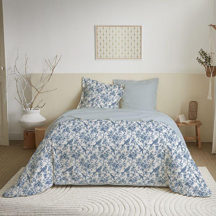 Parure de couette 4 pièces réversible 240 x 220 cm "Berengere Bleu" pour lit 140 x 190 cm Coton Pur