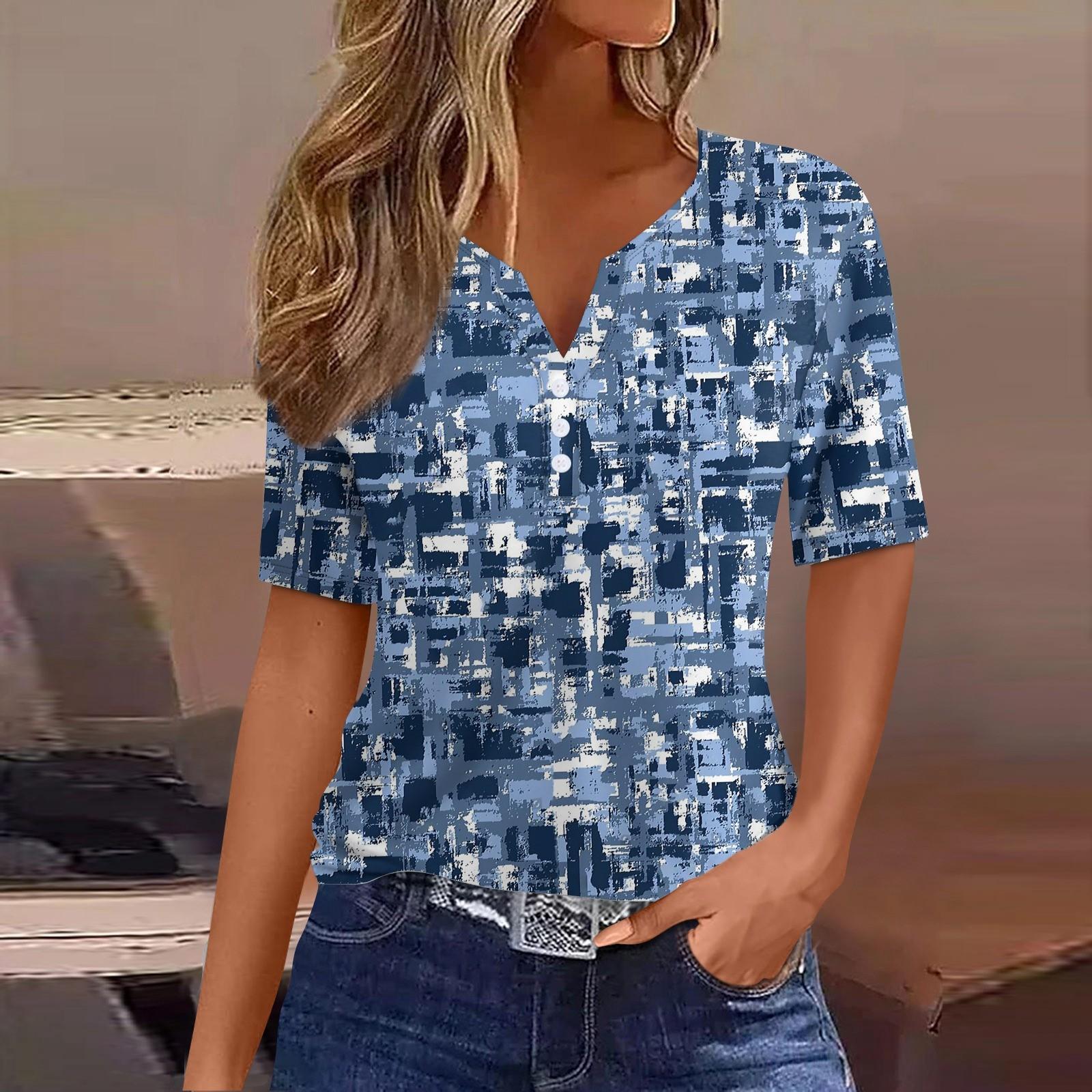 

Жен. Футболка Футболка С принтом Пуговицы С короткими рукавами Повседневные Выходные Мода Классический V-образный вырез Обычный Верх XXXL