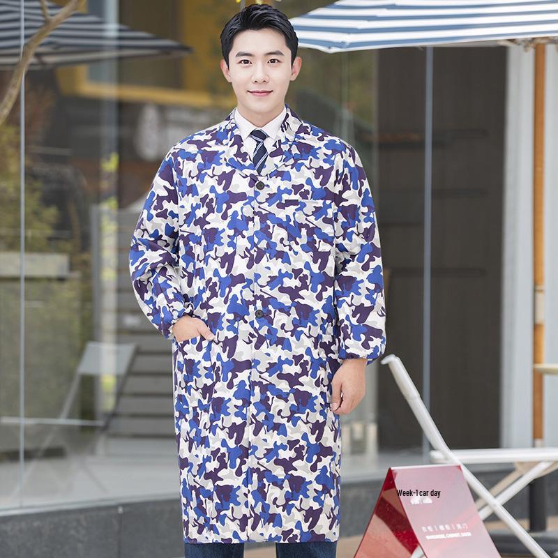 Unisex Long Blue Camouflage Dustproof Workwear Overcoat with Sleeves