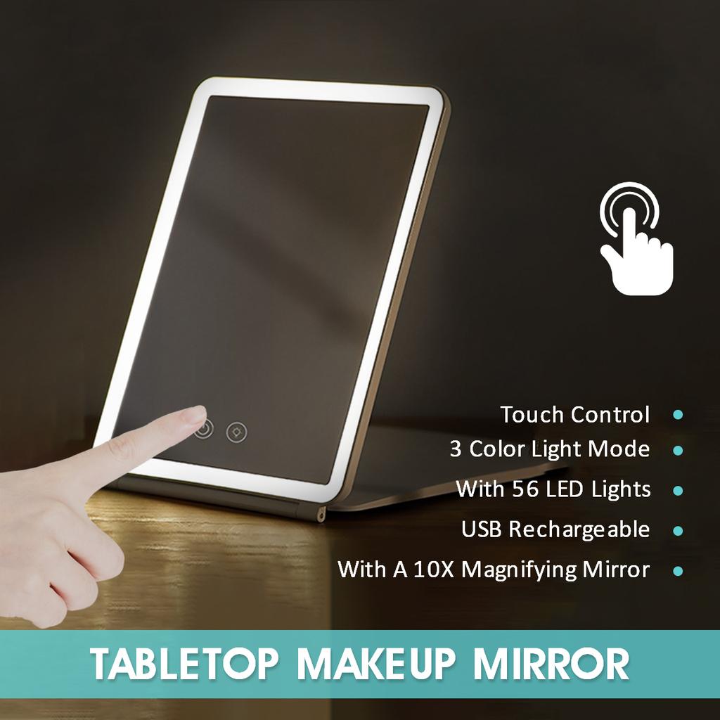 Portable Foldable Travel Makeup 10x 3 Colors LED Light Cosmetic Mirror Touch Screen Stepless Dimming USB Travel Dressing Glass