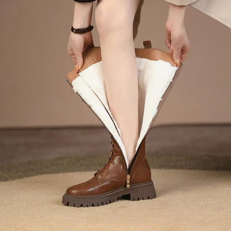 Fashion New Winter Knee-High Boots Split Leather Women Boots Chunky Heel Platform Shoes for Women Lace Women Shoes Knight Boots Woman