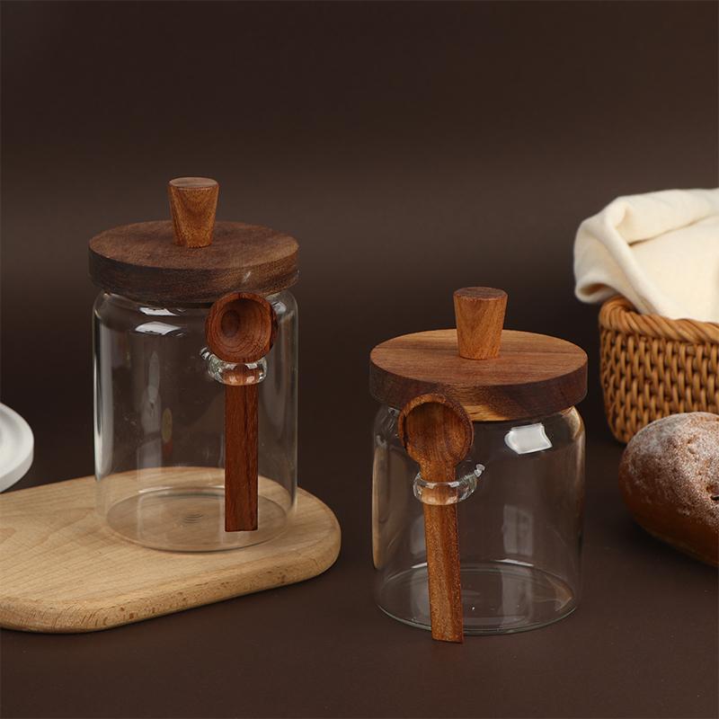 Glass Containers Food Storage Jars With Wooden Lids And Scoop Glass Sealed Jar Airtight Jar For Sugar Coffee Bean Candy