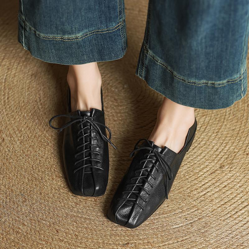 Fashion Size 34-40 Retro Low Heel Shoes for Women Real Leather Lace-Up Low Heels Shoes Vintage Spring 2025 New Office Lady Daily Dress