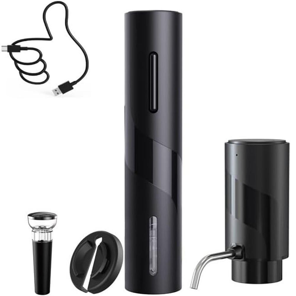 

Набор электрических штопоров 4 в 1 — USB-зарядка с винным графином, резаком для фольги и укупоркой бутылок (черный) чёрный