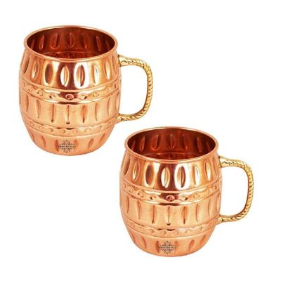 Pure Copper Round Barrel Shaped Design Moscow Mule Beer Mug Cup, Best for Beer Cocktail Parties, Barware, Volume-530ML, Set of 2