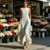 Ärmelloses Damenkleid Raffung Rüschensaum Elegantes Schwingkleid Rundhalsausschnitt Strandkleid für Büro Party Cocktail Strandmode