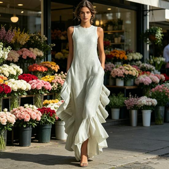 Ärmelloses Damenkleid Raffung Rüschensaum Elegantes Schwingkleid Rundhalsausschnitt Strandkleid für Büro Party Cocktail Strandmode