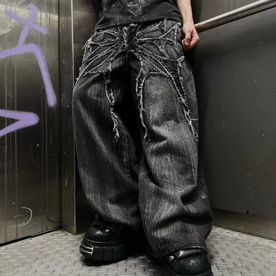 Gothic Retro Baggy Unisex Mopping Pants Y2K Phantom Jeans High Street Spider Embroidered Patch Hip Hop Streetwear Straight Jeans