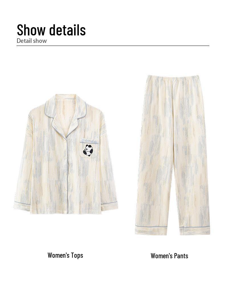 Couple's Korean Style Cotton Pajama Set with Long Sleeve Lapel Cardigan and Chest Pads for Plus Size Women and Men – Autumn/Winter Homewear.