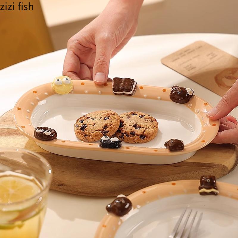 Relief Biscuit Dessert Plate Dim Sum Dish Ceramic Hand-painted Underglaze Color Bread Dish Salad Fruit Dish Ceramic Dining Plate