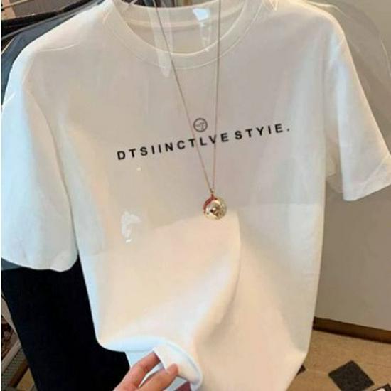 Damernas Sommar 2023 Bomull T-shirt med Bokstav: Mångsidig, Lös, Smal Passform Kortärmad Vit Topp