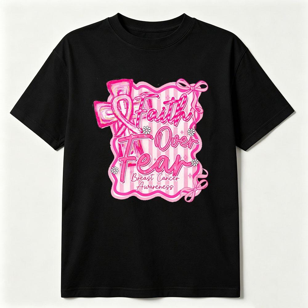 Preppy Breast Cancer Faith Over Fear Coquette Tshirt Breast Cancer Awareness Shirt Breast Cancer Cotton Tee Pink Ribbon Clothing