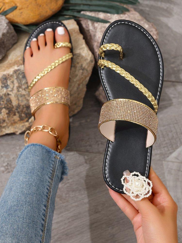 

Жіночі шльопанці великого розміру на плоскій підошві, крутого стилю, із закритим носком, сандалі з прикрасами з кристалів 43 золотий