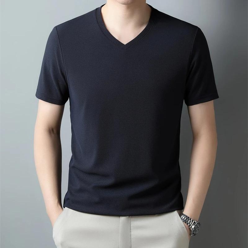 Men's Solid Color V Neck T Shirt Casual Slim Fit Breathable Short Sleeve Basic Top for Daily Wear Brown