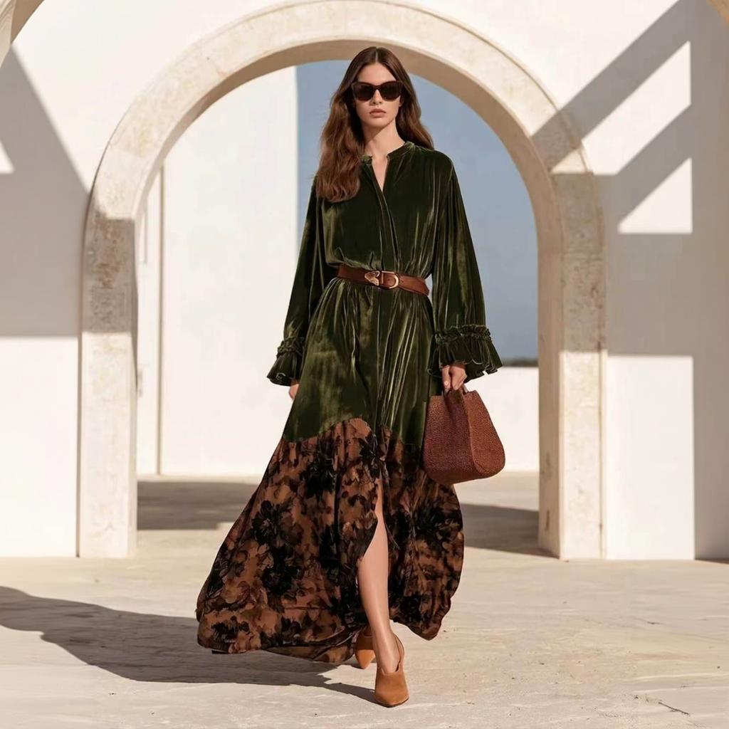Women's Bohemian Vintage Ruffle Sleeve Velvet Panel Printed Dress for Casual Party Wear