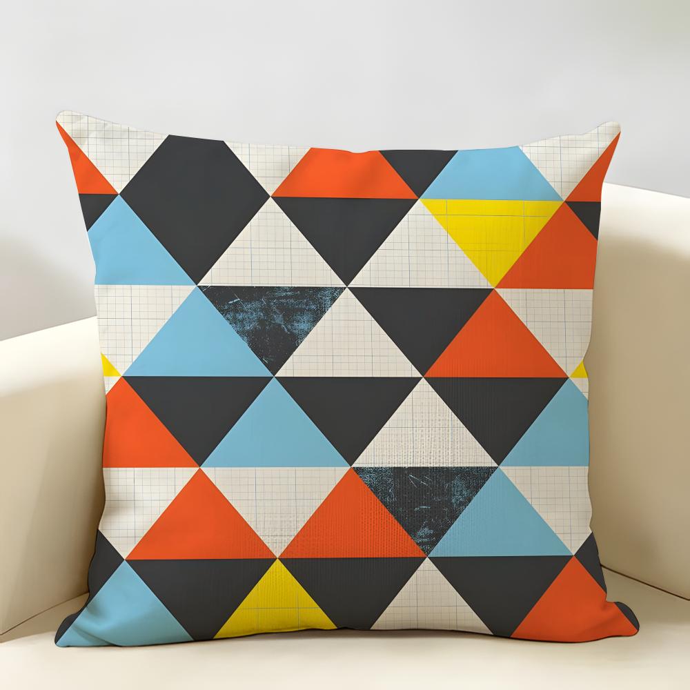 Colorful Geometric Triangle Pattern Cushion Cover Natural Linen Organic Fabric Printing Breathable Perfect For Home Decor Peach skin 18*18(CM)-1Pcs