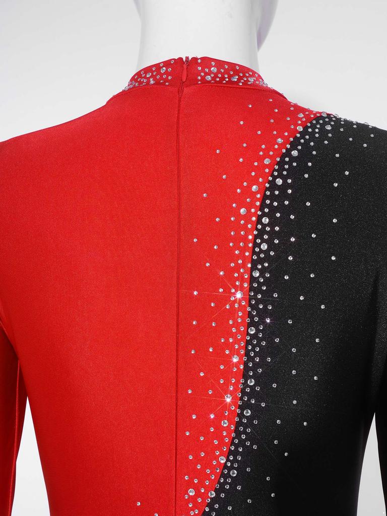 S-3XL Women‘s Dance Bodysuit Sparkly Rhinestones Long Sleeve Pants Back Zipper Color Block Full Coverage Unitard for Skating Ballet