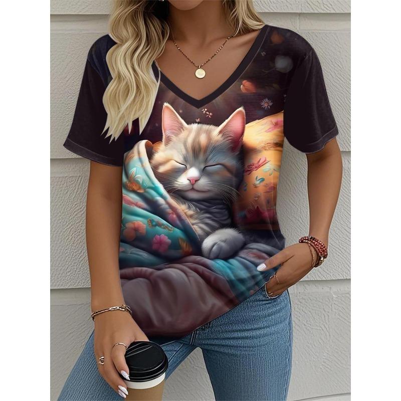 2025 New Cat Women's V-Neck T-Shirt Summer Outdoor Fashion Short Sleeve Tops Animal Printed Patterns OverSize Women's Clothing