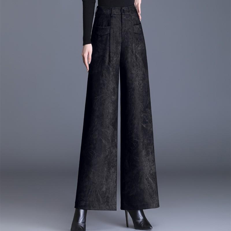 

Wide-leg Pants Women s Plus Velvet High-waisted Middle-aged Mother Casual Drape Loose Green Flower Pants XXXXXL чёрный