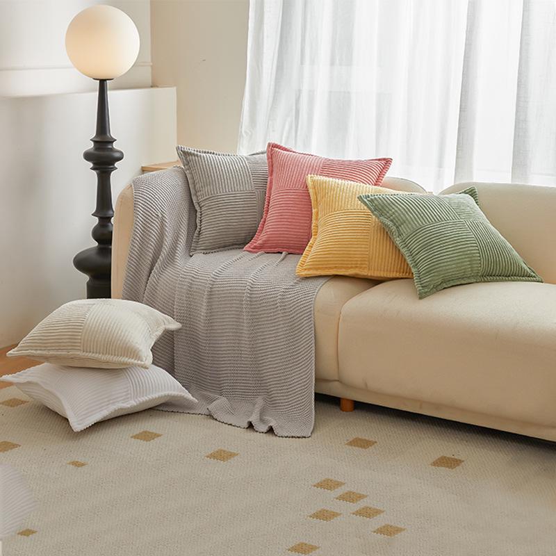 Modern Corduroy Patchwork Pillow Cover with Piping - Light Color Corn Stripe Design for Living Room Cushion