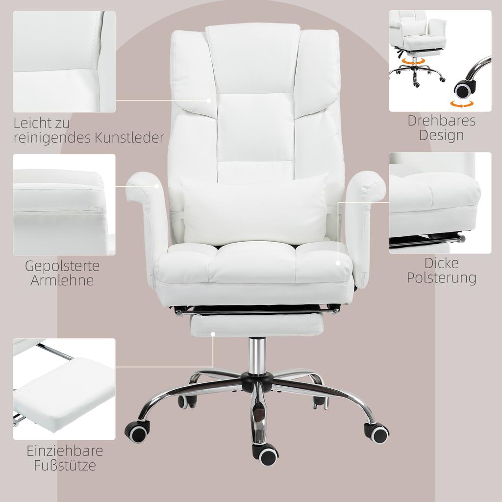 Ergonomic Office Chair, Height-Adjustable 48-56 Cm, Reclining Backrest, Footrest, White