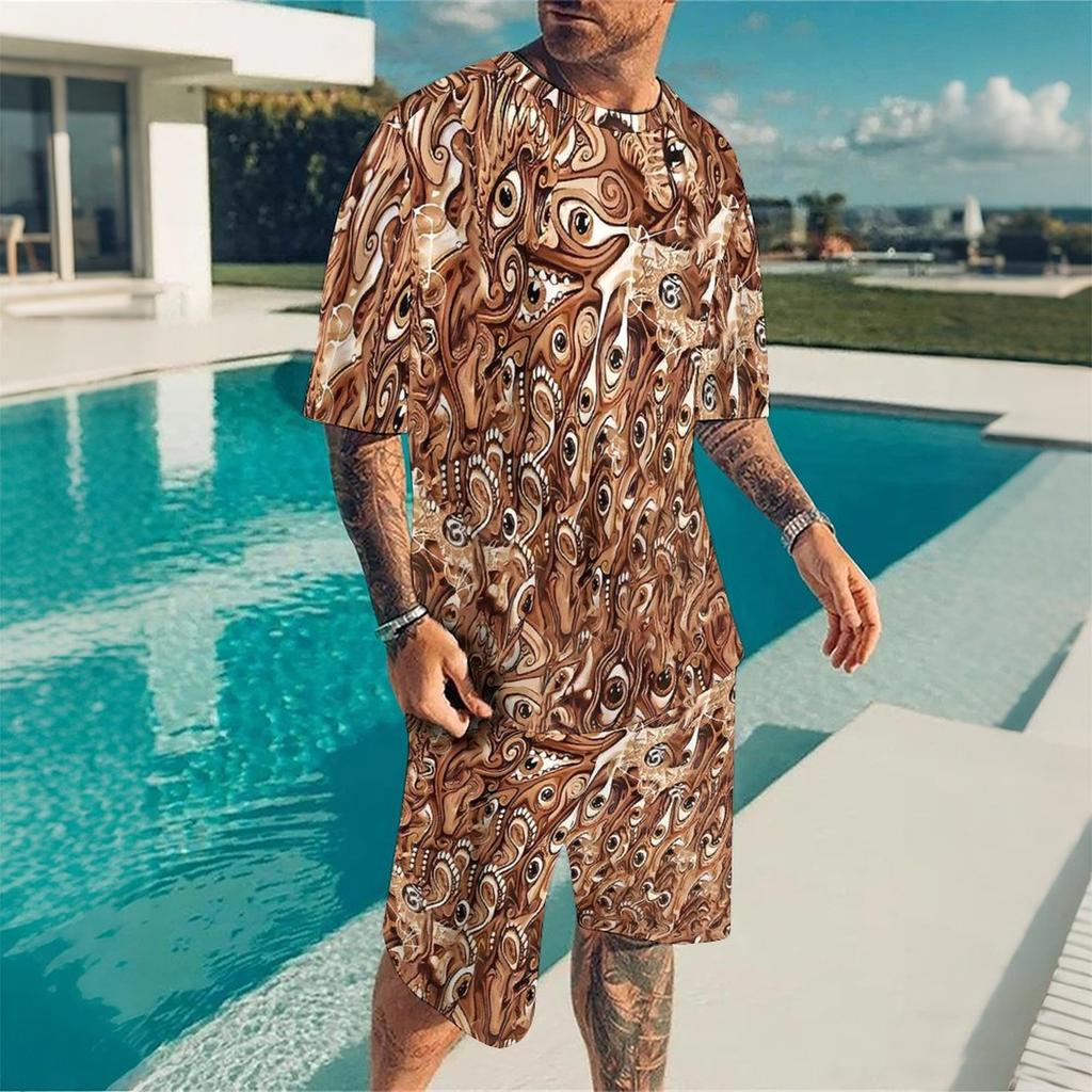 Men Grey White Vertical Thin Stripe Short Sleeve Tee And Matching Shorts Two Piece Suit