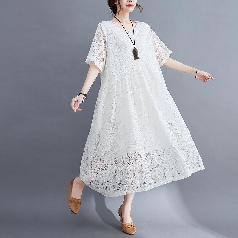 

Летнее повседневное корейское кружевное платье большого размера 2021 – женское свободное с коротким рукавом и круглым вырезом 2XL белый