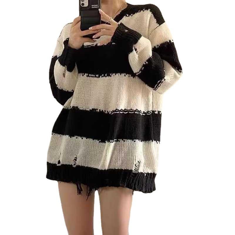 Early Autumn Vintage Striped Sweater for Women Loose Long Sleeved Knit Sweater