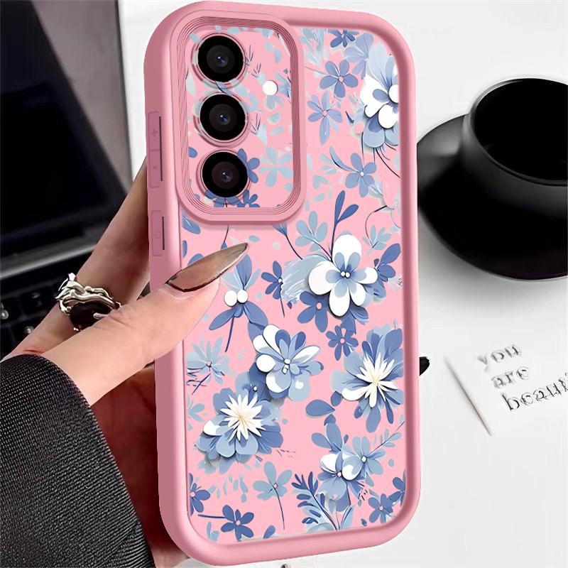 Blue and White Flowers Case For Samsung Galaxy A57 A37 A17 A56 A36 A26 A16 5G A55 A35 A15 A54 S21 FE S22 S23 S24 Plus S25 Edge S26 Ultra Cover