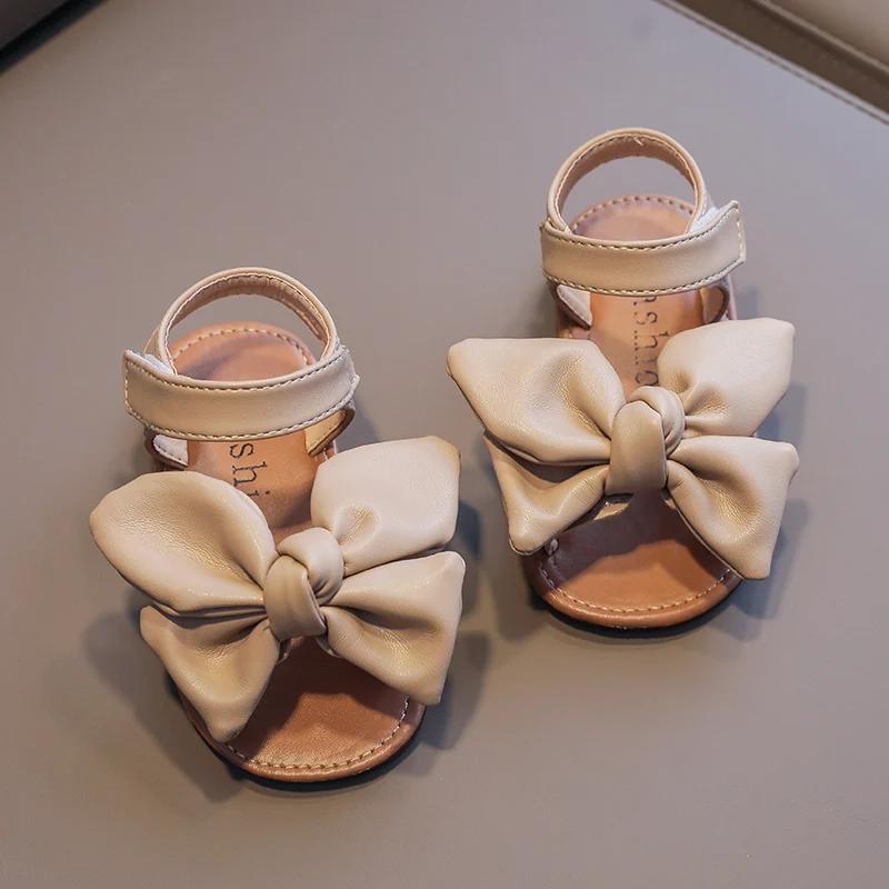 

Girl s Summer Sandals Big Bowtie Pu Leather 21-30 Sweet Children Sliders Lovely Stylish Three Colors Flexiable Cute Kids Flats 30-insole18.5cm хаки
