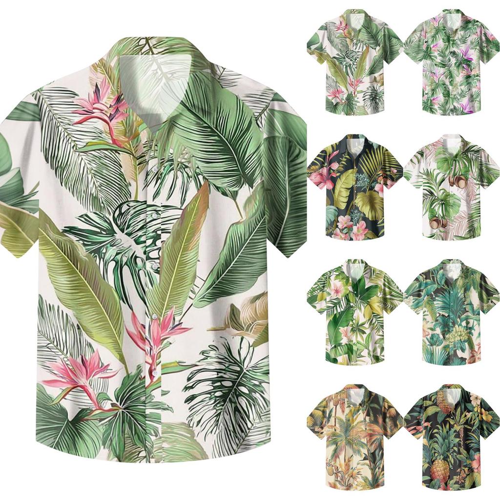 Men's Casual Loose Fit Hawaiian Print Short Sleeve Shirt Button Down Lapel Collar Lightweight Summer Top for Daily Wear