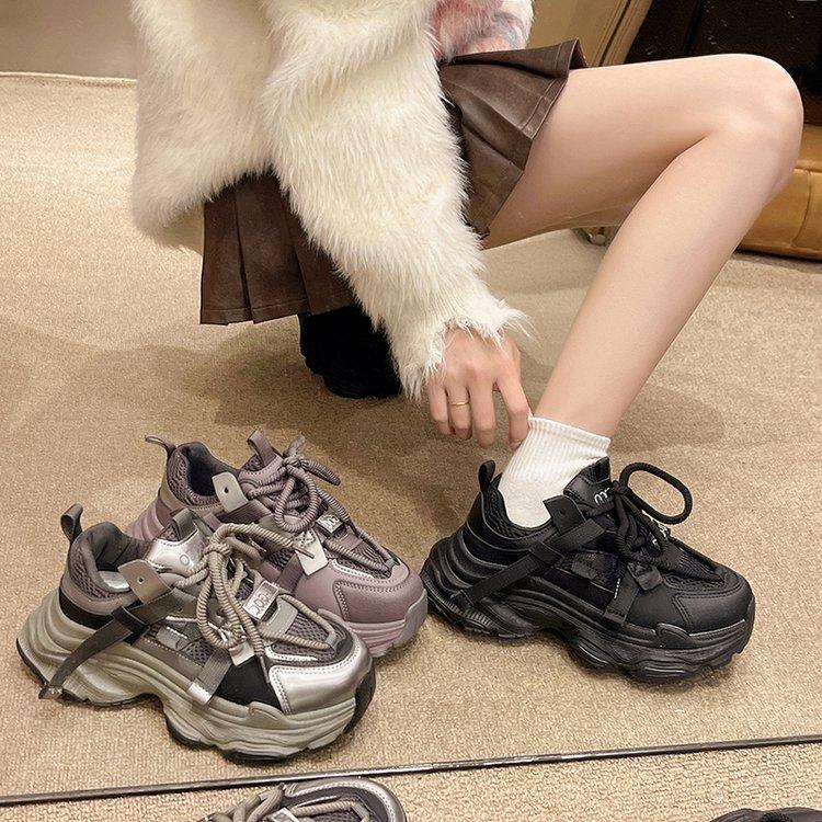 Pantofi „dad” noi primăvară-toamnă, tălpi groase mici, înălțați, negri, casual și pantofi sport ușori