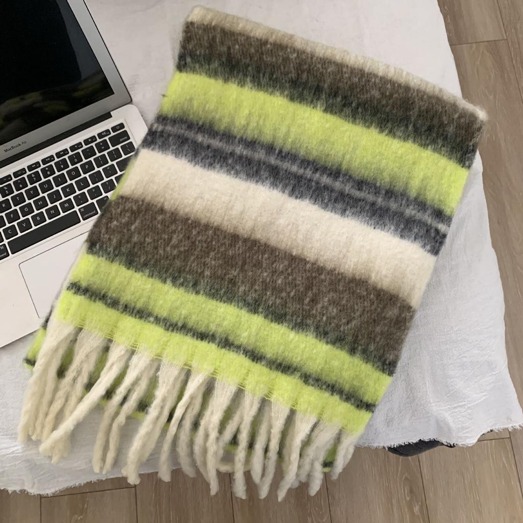New Contrasting Color Striped Mohair Scarf Women's Autumn and Winter Thickened Warm Student Versatile Fringed Scarf