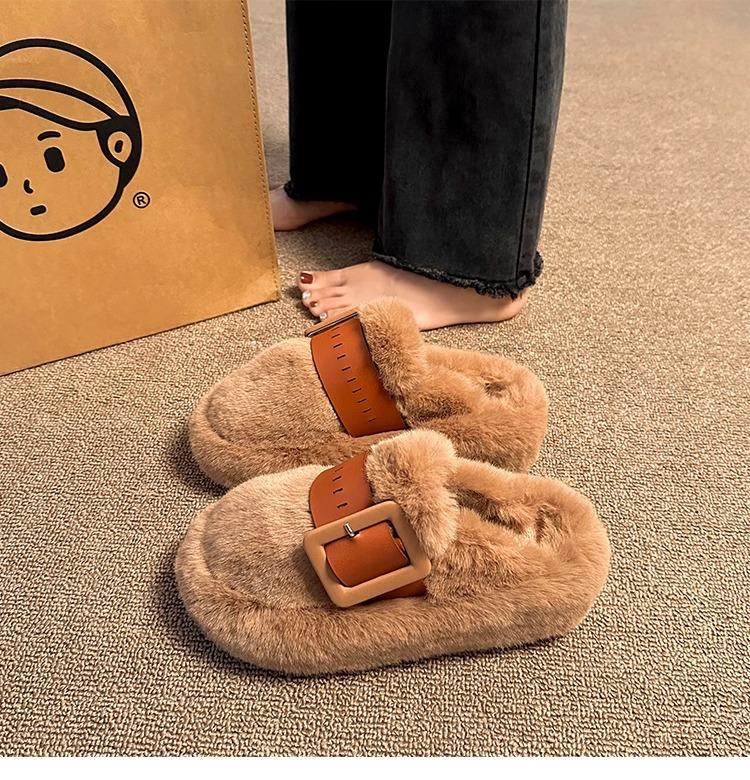 Thick-bottomed fluffy slippers women's outer wear bag head half-tow Internet celebrity warm and velvet popular office home cotton slippers