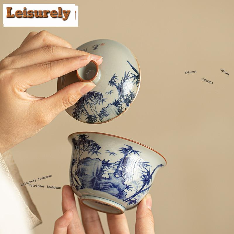 HOYIHM 161ml Rretro Old Pottery Clay Gaiwan Vintage Blue And White Landscape Poetry Tea Tureen Tea Making Cover Bowl Tea Gifts