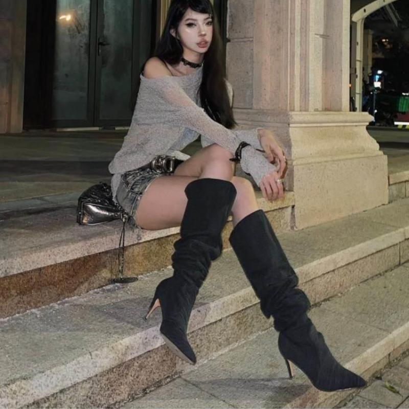 Moda de Primavera y Otoño Botas de Mujer Nuevas Color Sólido Denim Punta Afilada Tacón Alto de Aguja Manga Botas Altas de Mujer