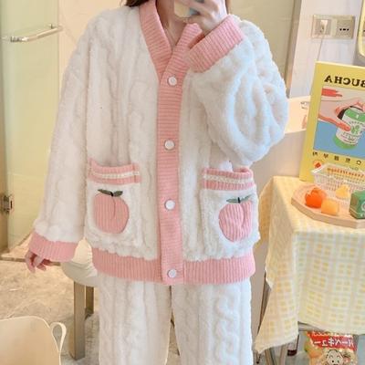 Winter Sweet Set Women's Cute Embroidery Peach Pattern Coral Fleece Warm Sleepwear Girls Clothes Pyjamas