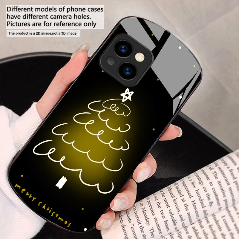 White Line Christmas Tree For iPhone 17 16 15 14 13 Plus 12 Mini 11 Pro Max XR Xs Max X 7 8 6S 22 20 Elliptical Glass Phone Case