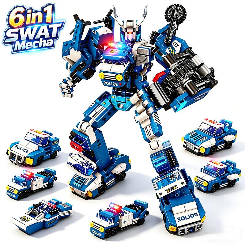 Superheld Mecha Stein Spielset 6in1 Verwandlungs Roboter Stein Spielset Auto Stein Spielset Spielset DIY Kinder Weihnachtsfeiertagsgeschenk