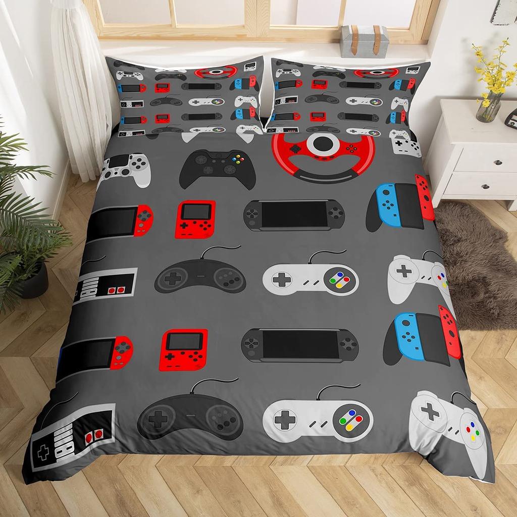 Gamepad Duvet Cover Set Queen Video Game Twin Bedding Set Microfiber Green Cartoon Gamer Pattern Electronic Theme Quilt Cover
