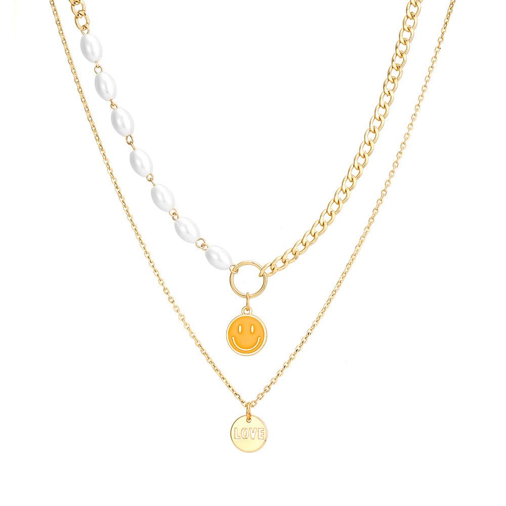 Stylish Gold Multi-layer Pearl Letter Smiley Face Necklace For Trendy Fashion Lovers