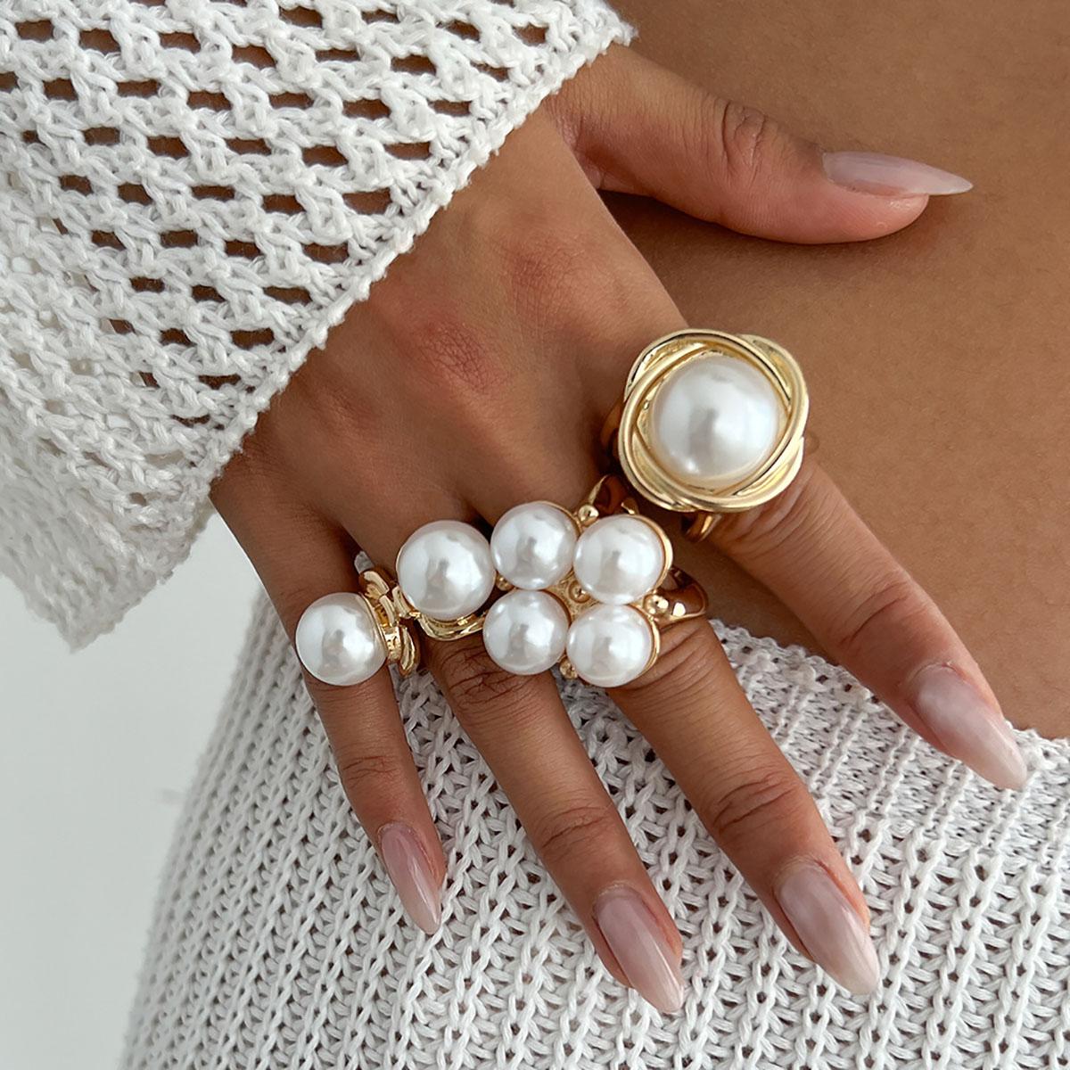 3Pcs Large Pearl Inlay Rings Set for Women Gorgeous Elegant Baroque Pearls Hollow Joint Ring Trendy Female Zircon Accessories