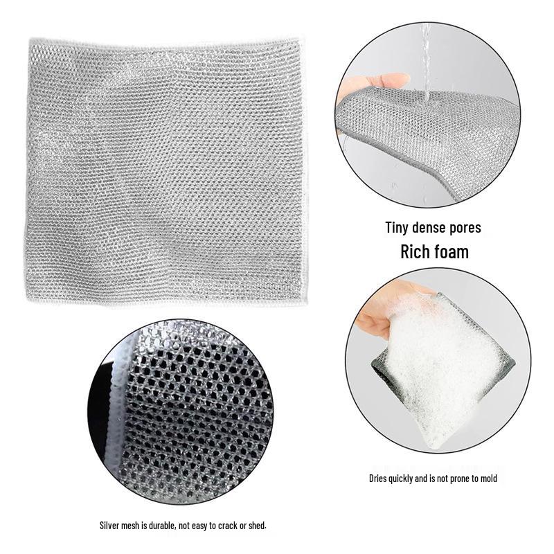 Double Layer Silver Steel Wool Dishwashing Scrubber Dishcloth