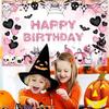 Halloween Birthday Banner Decorations Party Backdrop Pink Heart Skull Garland Sign Background Family Photo for Halloween Birthday Backdrops Theme