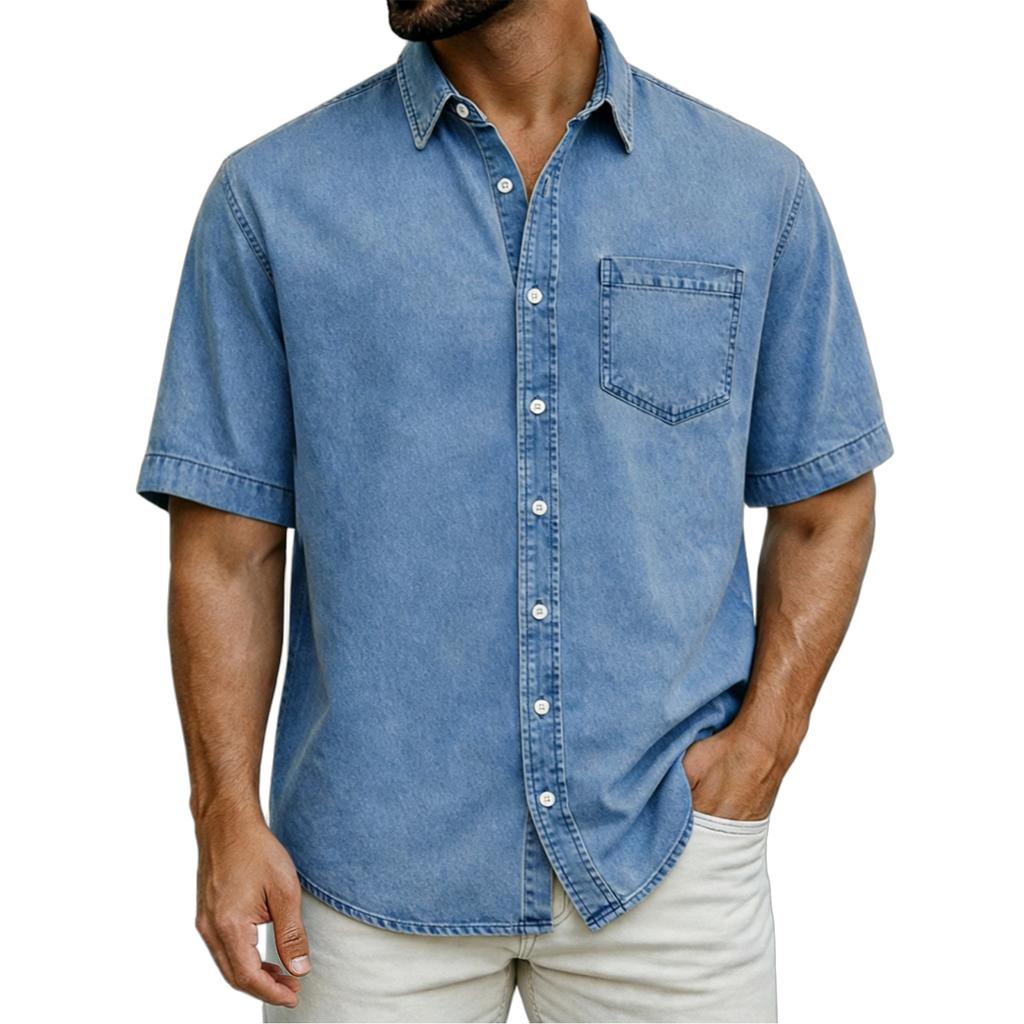 Men's Casual Loose Button-Down Collar Short-Sleeve Denim Shirt